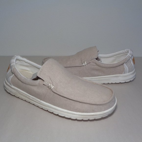 Hey Dude Size 13 M MIKKA Chambray Beige Cotton Slip On Loafers New Men's Shoes - Picture 1 of 14